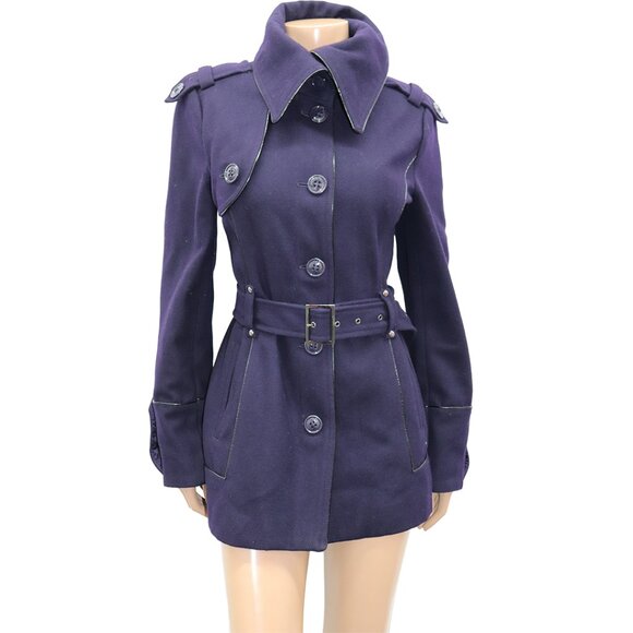 Y2K M60 Miss Sixty Purple Belted Wool Blend 3/4 Trench Coat Jacket L - Picture 1 of 5